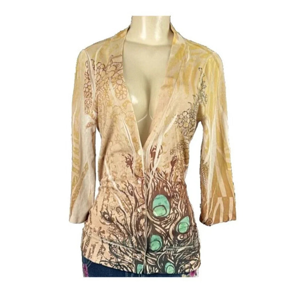 Suki Jones Jrs L Fawn Abstract Peacock Print Low V-Neck Button 3/4 Sleeve Top - Picture 2 of 6